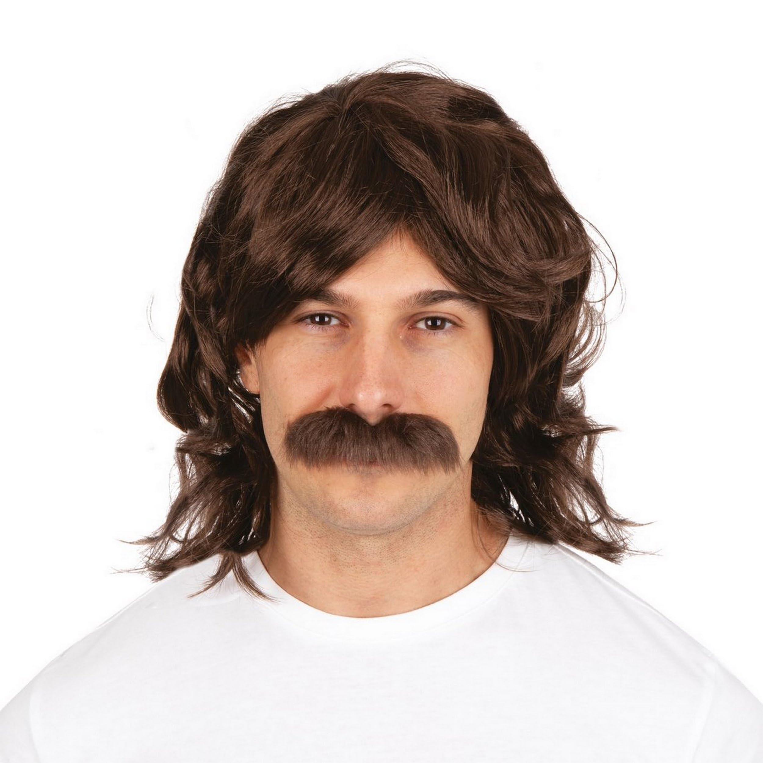 P'tit Clown - 96015-70's, 80's Wig with Moustache - 70's, 80's Wig - Perfect for Carnival, Theme Parties, Costume Parties, Costume Parties - Synthetic Hair - Adult - Brown
