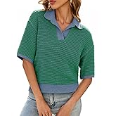 Cicy Bell Womens Striped Cropped Sweaters Tops Color Block Short Sleeve Knit V Neck Fall Casual Pullover