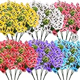 Acejoz 24 Bundles Artificial Flowers for Outdoor, Faux UV Resistant Silk Pansies Flowers for Outdoor Planter, Fake Flowers for Decor, 6 Colors