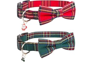 PTDECOR Christmas Dog Collar with Bow, Adjustable Christmas Plaid Dog Collars with Removable Bowtie Christmas Collars for Large Dogs Pets (Red&Green, Large)