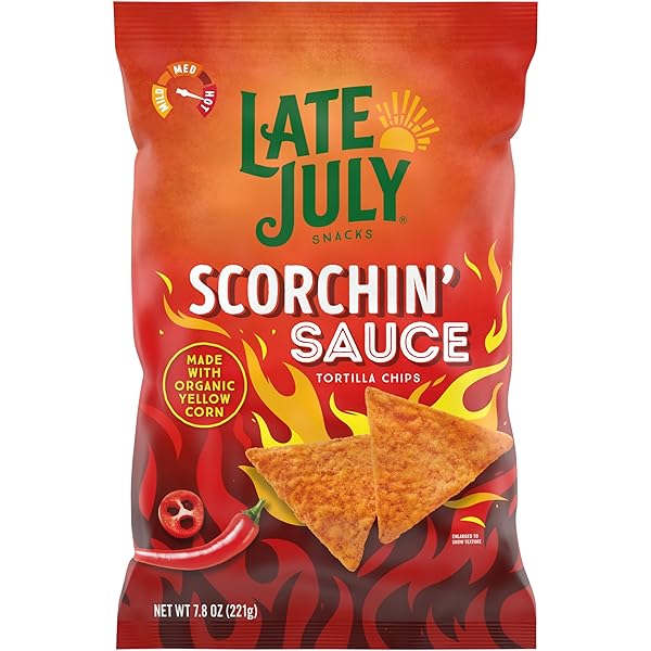 LATE JULY SNACKS, SCORCHIN’ SAUCE CORN TORTILLA CHIPS, 7.8 OZ. BAG