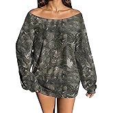 MISSACTIVER Camo Sweatshirt for Women Oversized Fleece Off Shoulder Long Sleeve Maple Leaf Print Pullover Sweater Tops