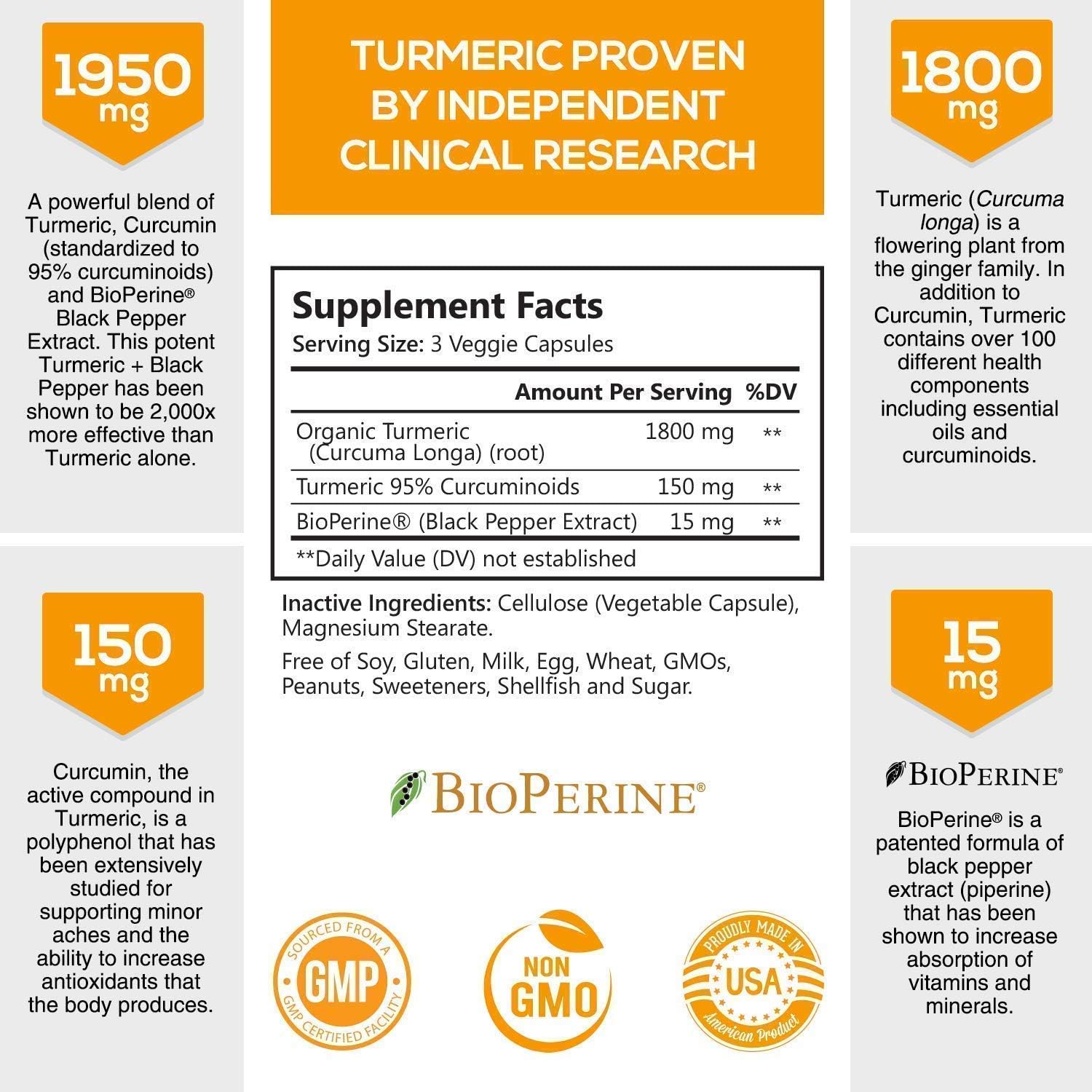 Turmeric Curcumin with BioPerine 95% Curcuminoids 1950mg with Black Pepper for Best Absorption, Made in USA, Most Powerful Joint Support, Turmeric Supplement Pills by Natures Nutrition - 180 Capsules: Health & Personal Care