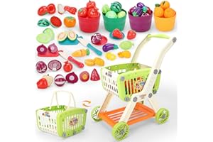 MING YOU Kids Shopping Cart with Cutting Play Food Set for Kid Kitchen, 2 in 1 Shopping Cart for Kids Grocery Store Pretend Play Kitchen Accessories Sorting Food Bucket Learning Toys Gift for Toddler 3-5