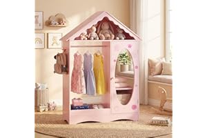 HONEY JOY Kids Dress Up Storage with Mirror, Rooftop Princess Wardrobe Closet, Open Hanging, Shelves & Cabinet, Toddler Stora