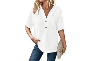 WNEEDU Womens Waffle Knit Tops Summer Short Sleeve Hoodies Drawstring Button V Neck Casual Lightweight Shirts New 2026
