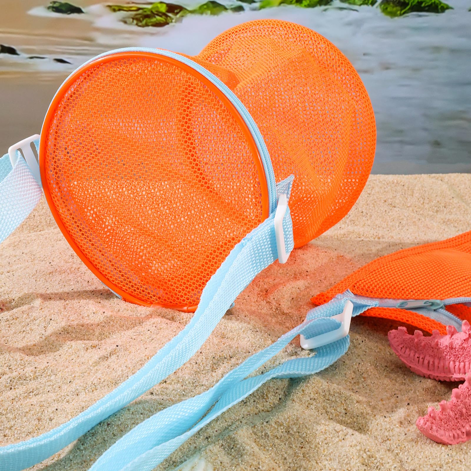 AMOR PRESENT 2PCS Shell Bags, Orange Mesh Toy Bag Shell Collecting Bag Totes with Zipper Sea Beach Toys Mesh Beach Bag Kids for Picking Up Shells Beach Sand Toy for Boys and Girls