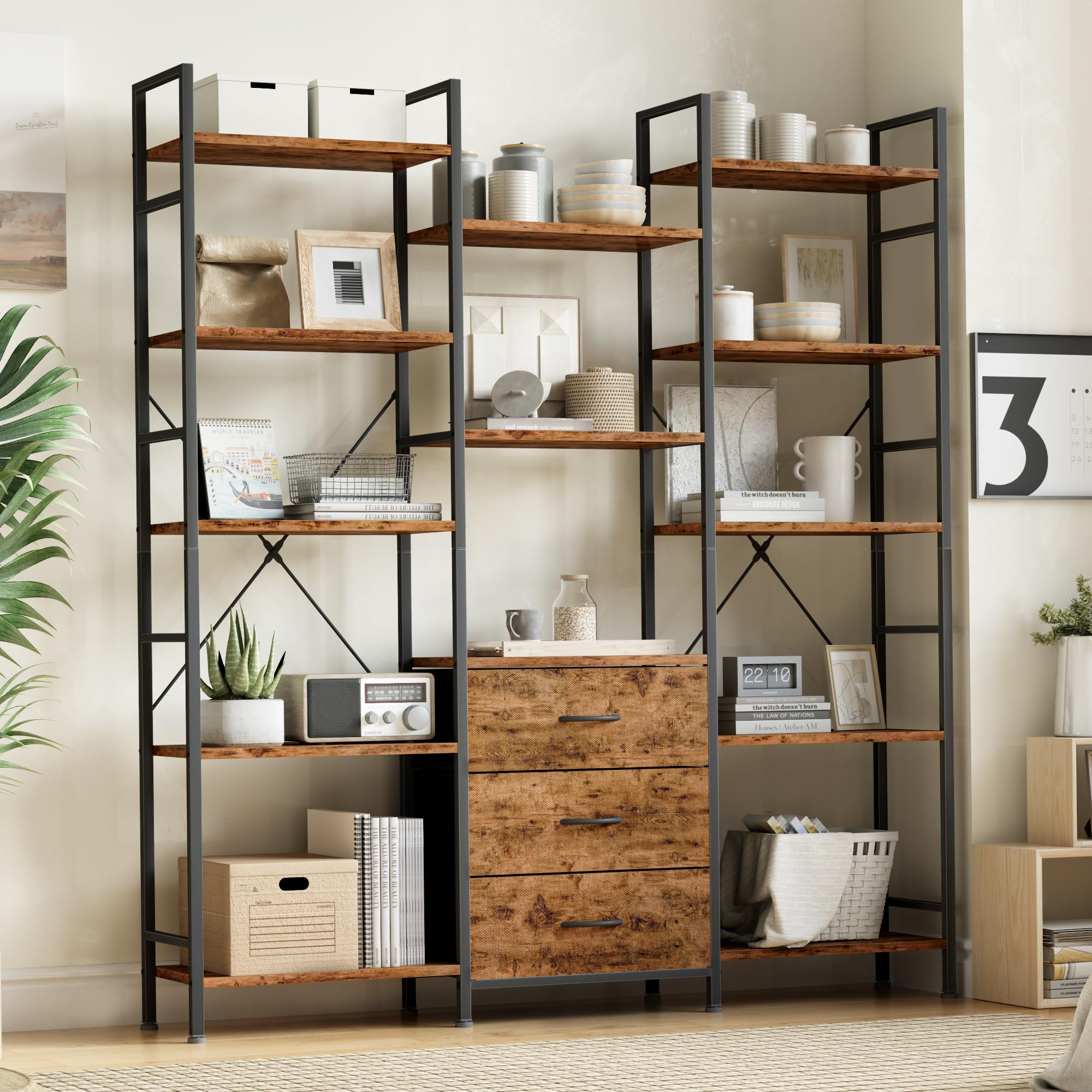 Photo 1 of YAOHUOO Triple Bookshelf with 3 Fabric Drawers, 4 Tier Wide Bookcase with Open Display Shelves, Small Bookshelf with Storage for Home Office & Bedroom, Rustic Brown