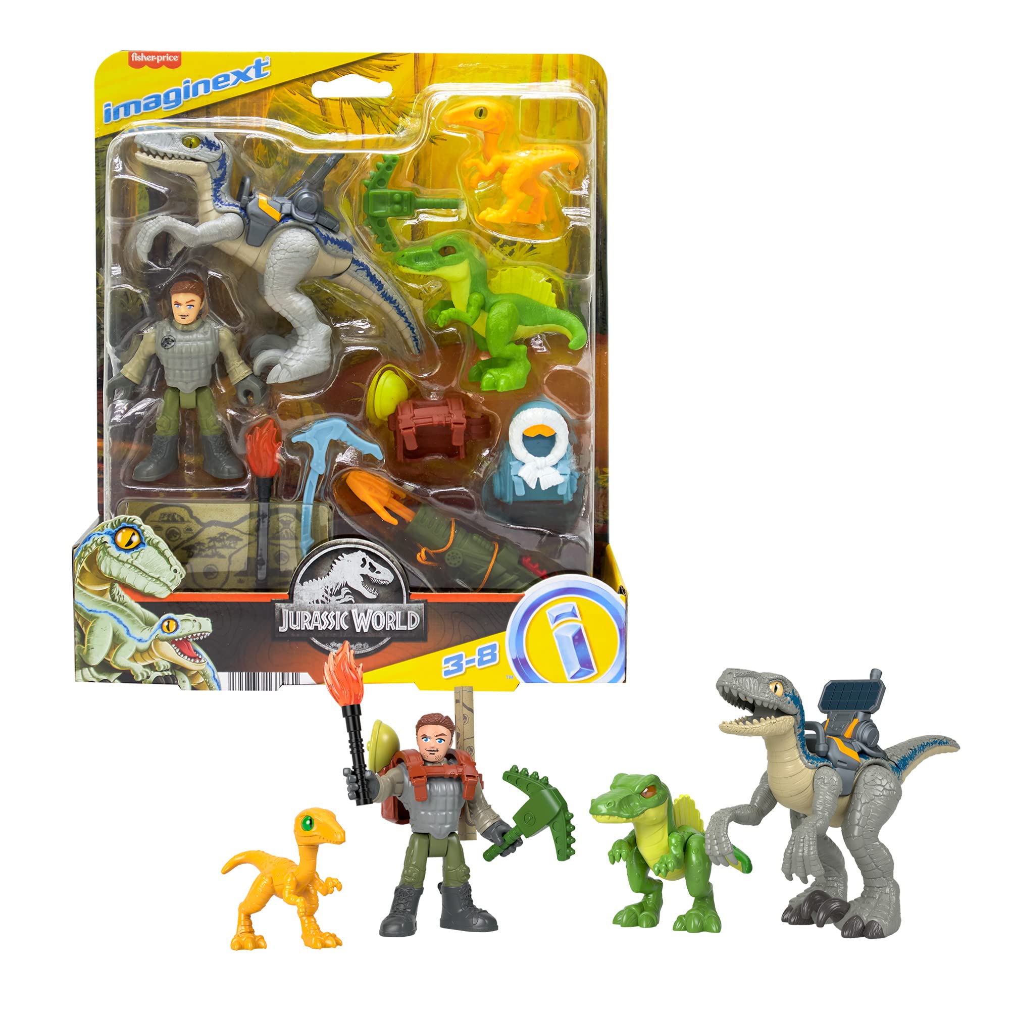 Imaginext Jurassic World Dinosaur Toys, Track & Trail Dino Pack with Owen Grady and Blue for Preschool Pretend Play, 12 Pieces, HND46