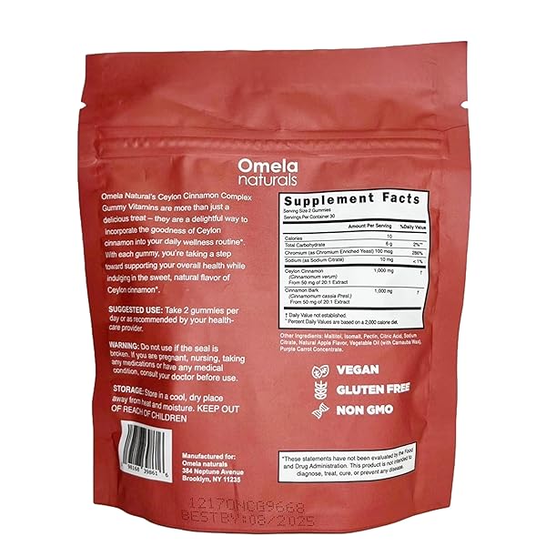 OMELA NATURALS SUGAR-FREE CEYLON CINNAMON COMPLEX GUMMIES APPLE CINNAMON FLAVOR | IMMUNE SUPPORT & ANTIOXIDANT SUPPLEMENTS | 2000MG CINNAMON COMPLEX WITH CHROMIUM | VEGAN, NON-GMO, GLUTEN-FREE| 60CT