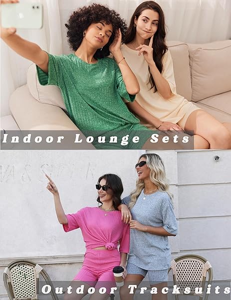 EKOUAER PAJAMAS 2 PIECE LOUNGE SETS RIBBED KNIT MATCHING OUTFITS T-SHIRT BIKER SHORTS SLEEPWEAR LOUNGEWEAR SWEATSUITS CAMEL XX-LARGE