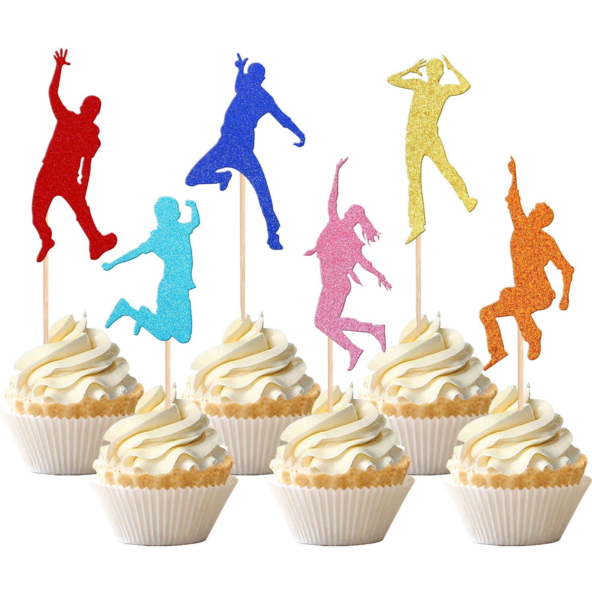 24 PCS Jump Trampoline Cupcake Toppers Colorful Glitter Sports Trampoline Cupcake Picks for Let's Jump Theme Birthday Baby Shower Party Cake Decorations Supplies