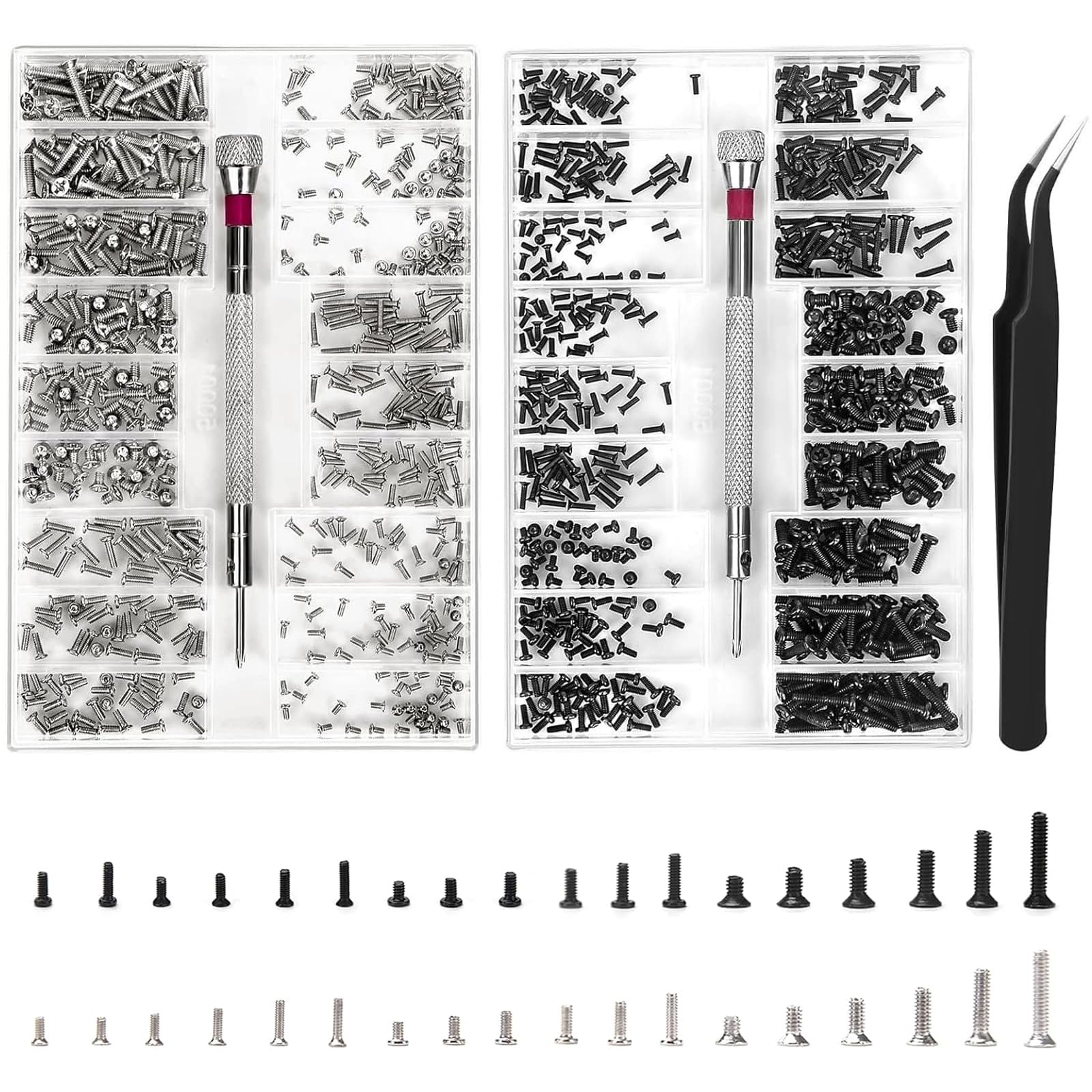 XIATIAN 1000Pcs Tiny Micro Repair Screw Kit, M1.2 M1.4 M2 Tiny Screws, Replacement Screws Kit with Screwdriver and Tweezers for Glasses, Laptop, Sunglasses and Watch Repair (M＋O)