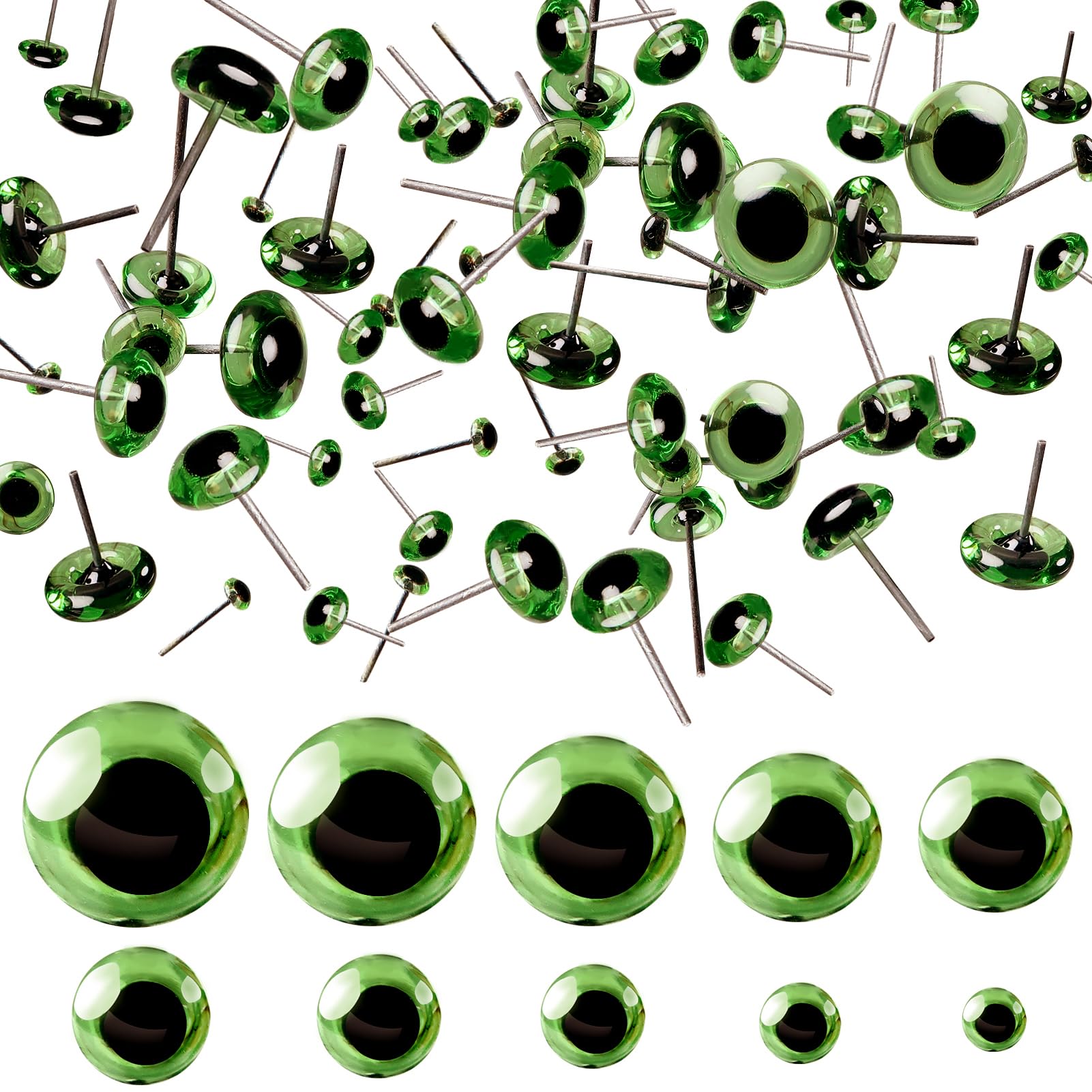 TOAOB 100pcs Green Glass Eyes Kits Craft Eyes 3mm to 12mm for Doll Making Needle Felting Crafts