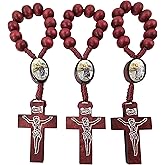 TALISMAN4U Set of 3 Catholic Finger Rosary Saint Christopher Center One Decade Prayer Pocket Rosary Red Wooden Beads & Cross Handmade Mini Rosaries Religious Gift
