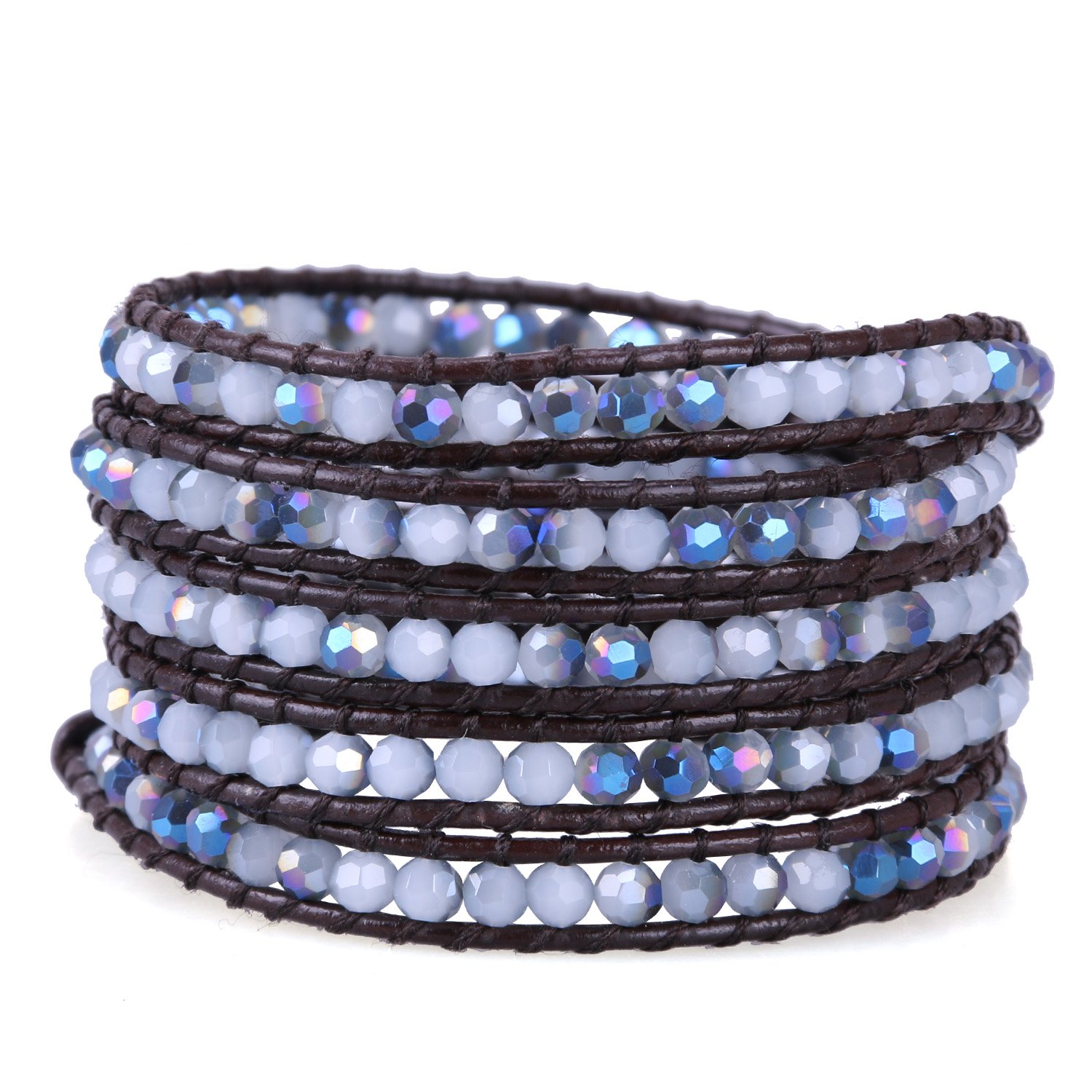 KELITCH Crystal Beaded 5 Wrap Bracelets Leather Bracelet Handmade Women Friendship Bracelets