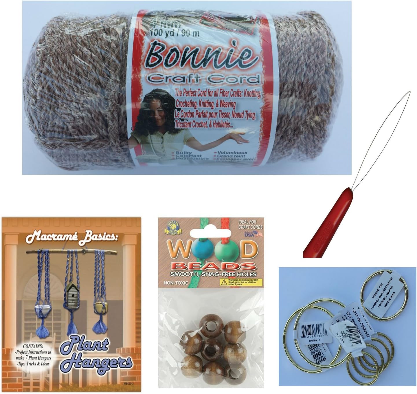 Macrame kit bundle with Macrame Cord, Wooden Beads, Brass rings, EZ Beader tool, & Plant Hanger booklet with basic Knotting Instructions (Pottery)