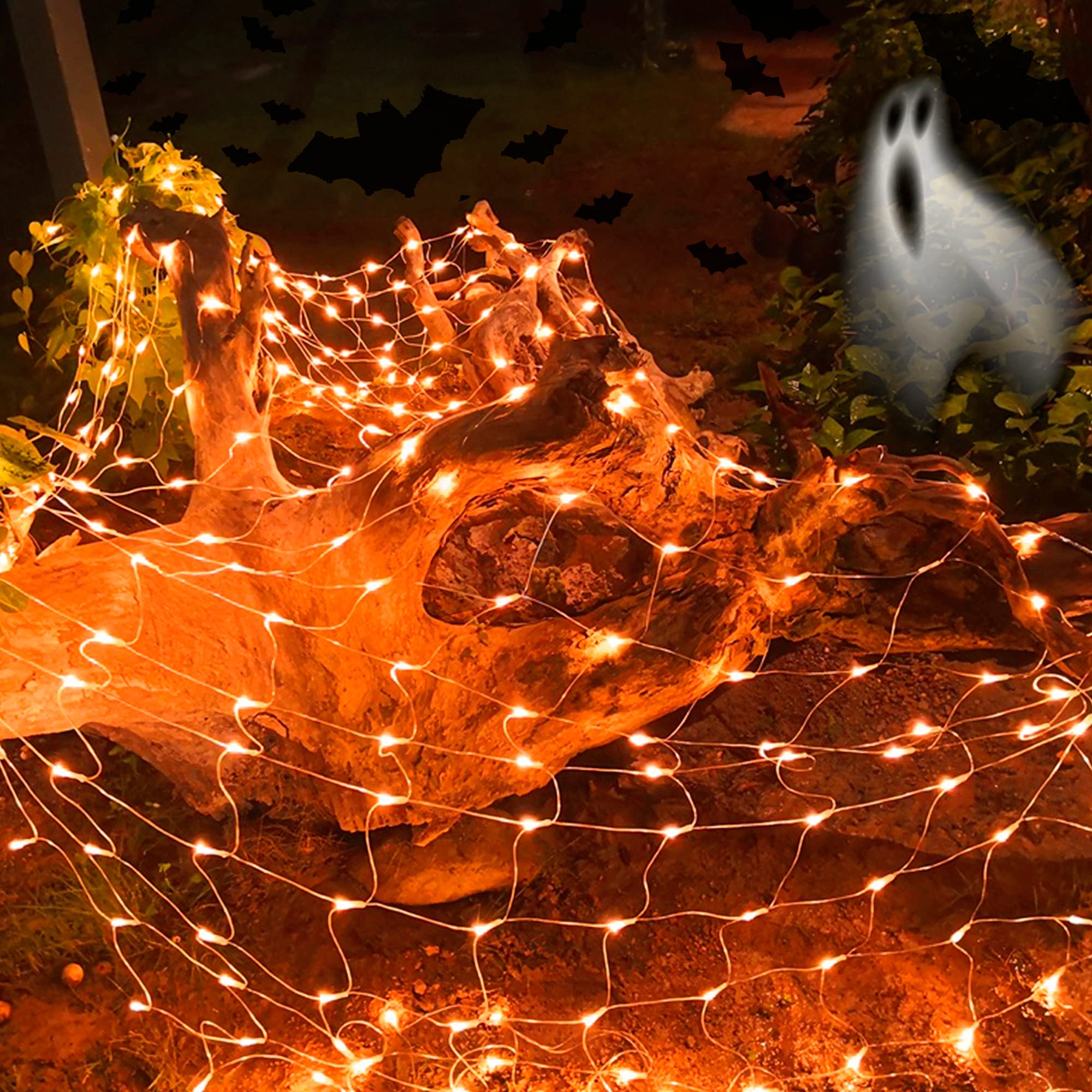Photo 1 of LJLNION Halloween Net Lights, 360 LED 12ft x 5ft Connectable Mesh Fairy String Lights,8 Modes Low Voltage Safe Adaptor for Xmas Trees, Bushes, Wedding, Outdoor Garden Decorations, Orange