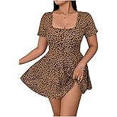 WDIRARA Women's Plus Size Leopard Print Dress Square Neck Short Sleeve Ruffle Hem A Line Dress