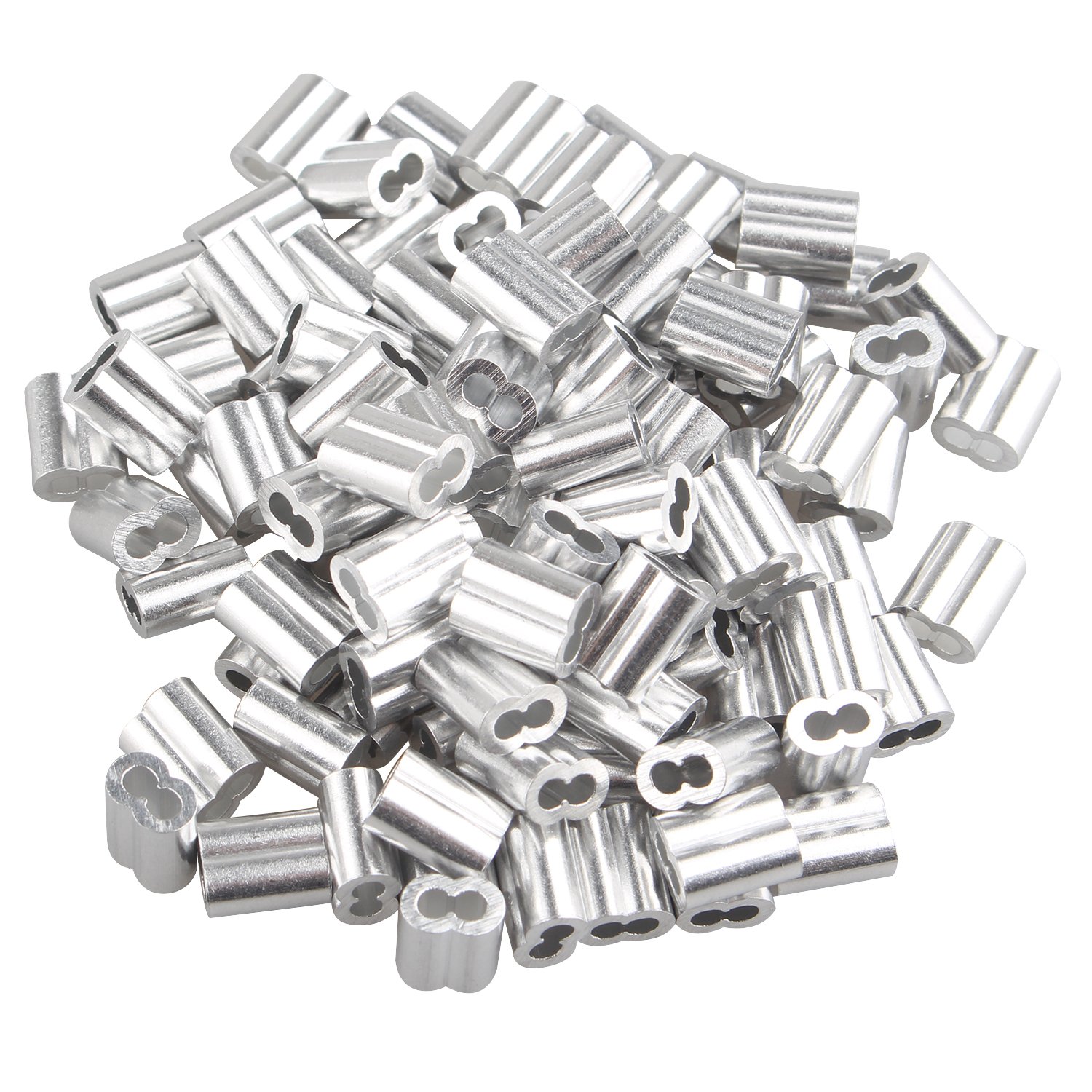 Futheda 100 pcs Aluminum Crimping Loop Sleeve Clips with Double Ferrules/Holes for 2.0mm Cable Wire Rope Silver Tone