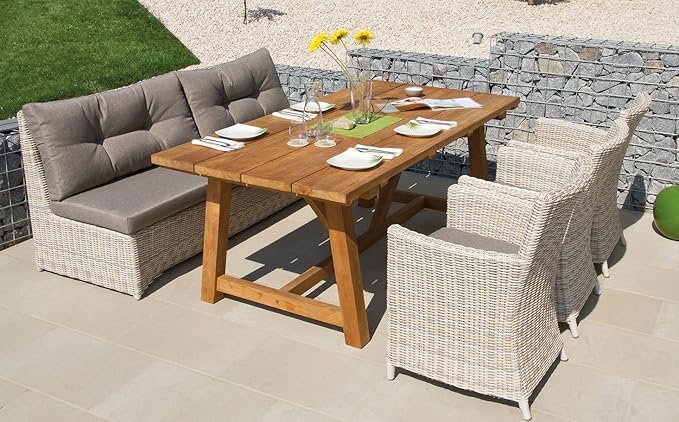 Haberkorn-Garten Design Sitzgruppe Calma 1 Gartenbank 3 Stühle Teak Tisch 200 cm mit Polster