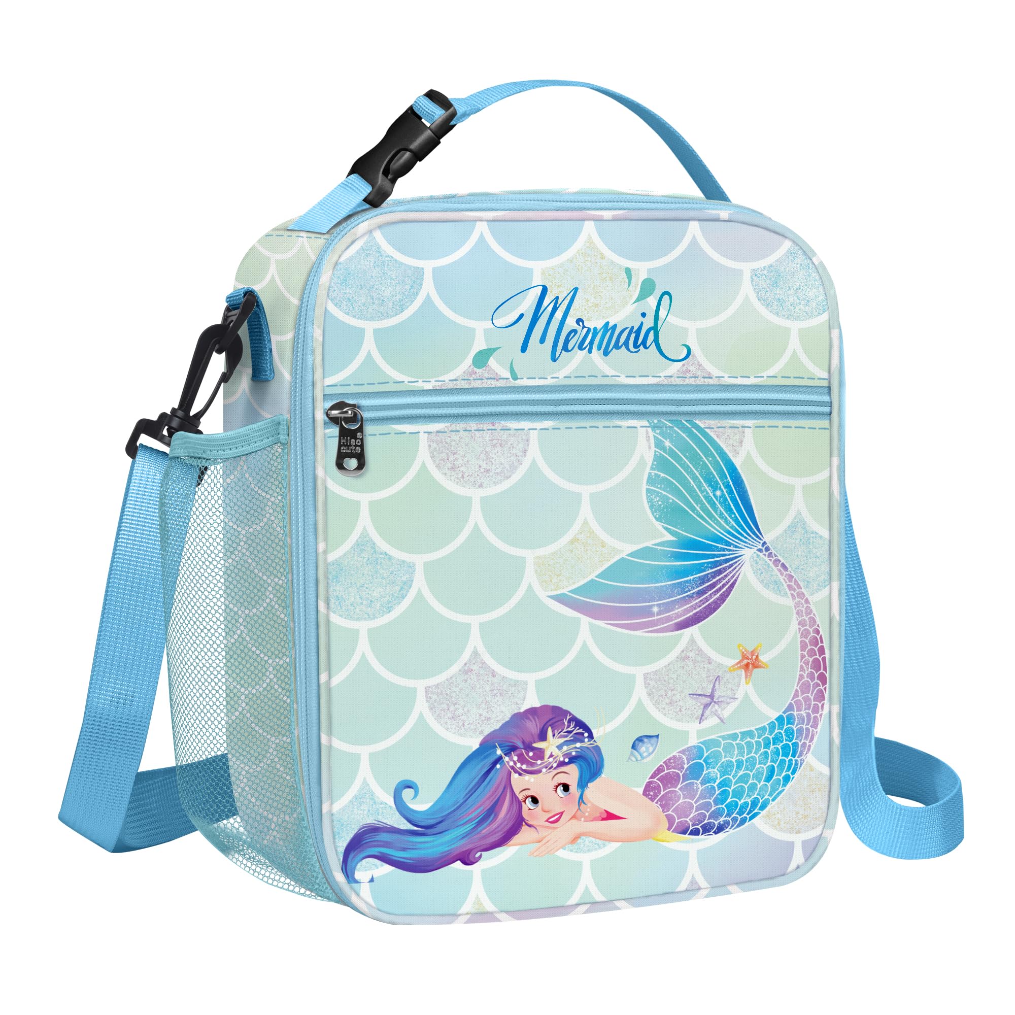 Clastyle Princess Insulated Kids Lunch Bag Large Thermal Cooler Bag for Girl Picnic School Toddler Lunch Box Tote,Blue Mermaid