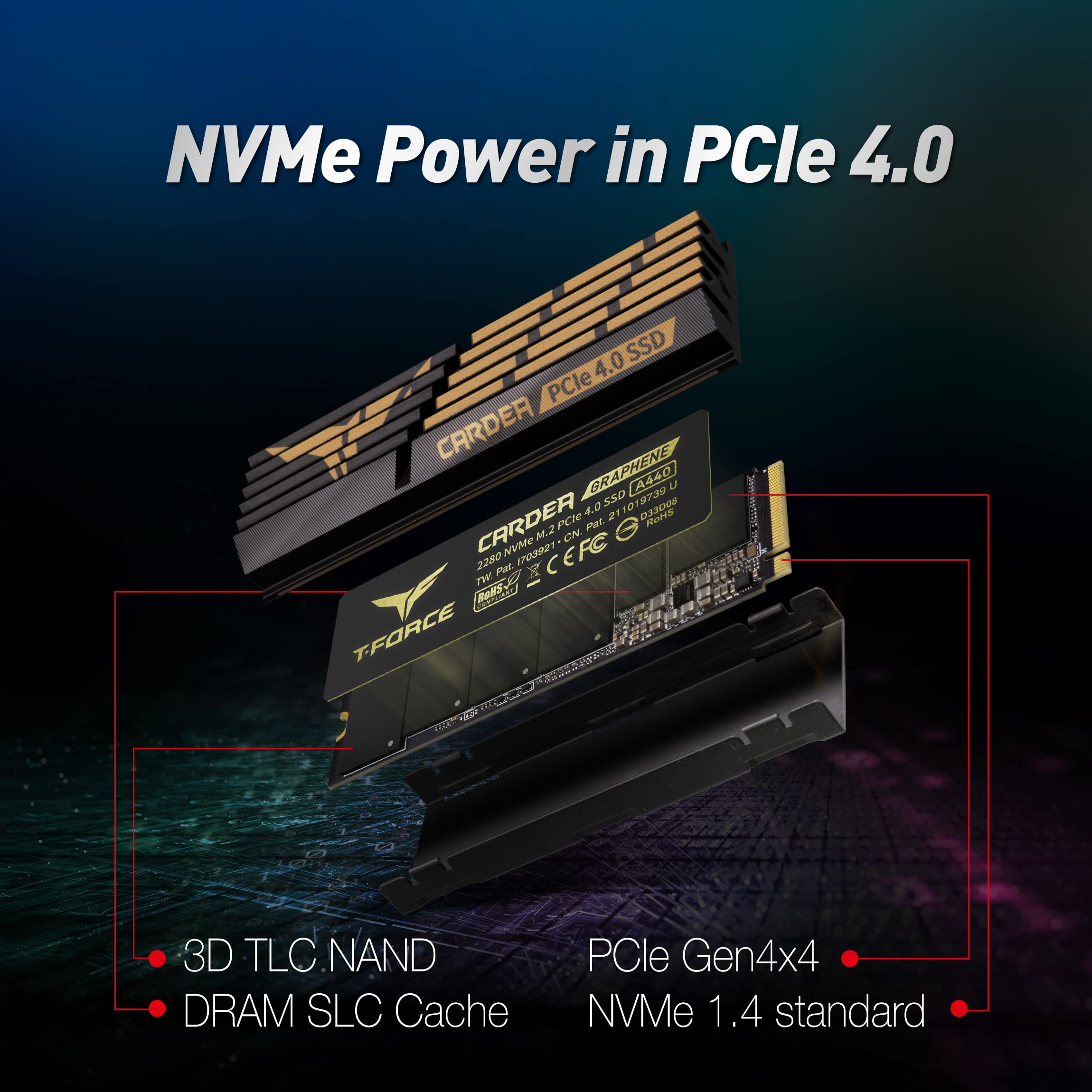 TEAMGROUP T-FORCE A440 Aluminum Heatsink 2TB DRAM SLC Cache 3D NAND TLC NVMe PCIe Gen4x4 M.2 2280 Internal SSD R/W 7000/6900 MB/s TM8FPZ002T0C327