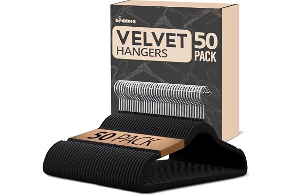 Beddora Black Velvet Hangers 50 Pack,Heavy Duty Coat Hanger for Closet - Felt Hangers for Space Saving Clothes Hanger - Pant