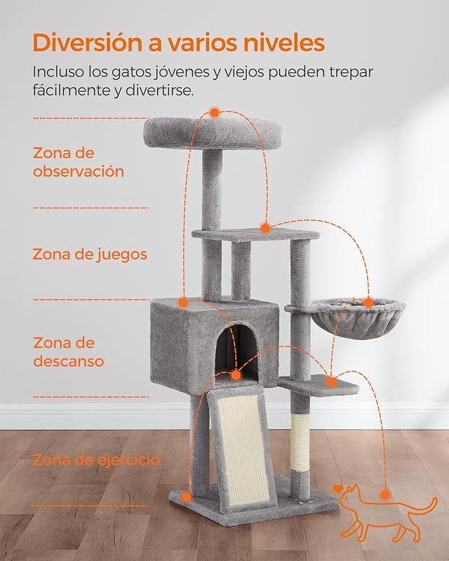 Pequena árvore para gatos, 135 cm, condomínio de peluche de vários níveis, com cobertura de plataforma removível e lavável, costas para arranhar, cesto, caverna, cinzento claro