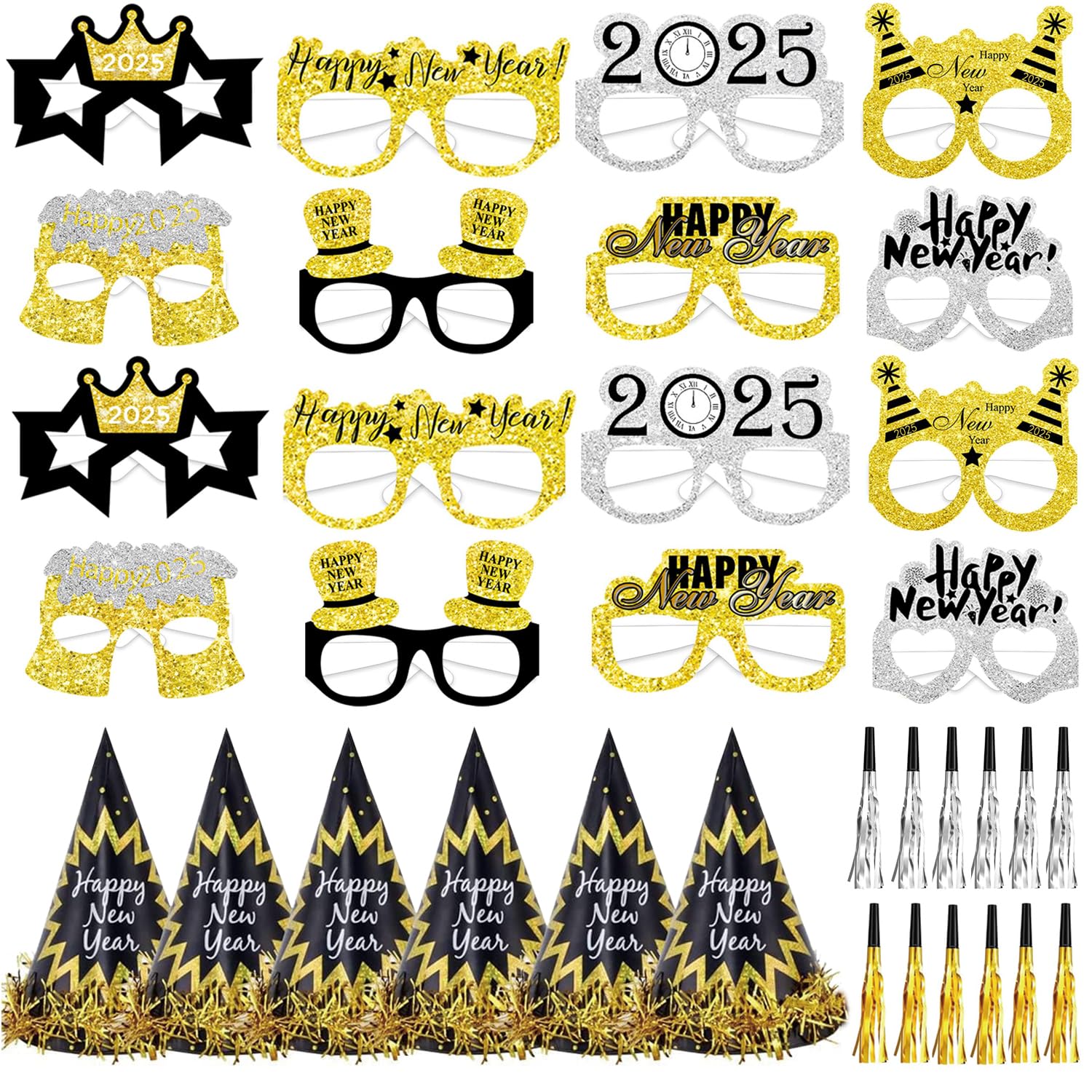XNBTFK 40 PCS Happy New Year 2025 Decorations New Year's Eve Party Supplies 2025, New Year Party Hats, Paper Happy New Year Eyeglasses and Party Blowers 2025 New Years Eve Party Decorations