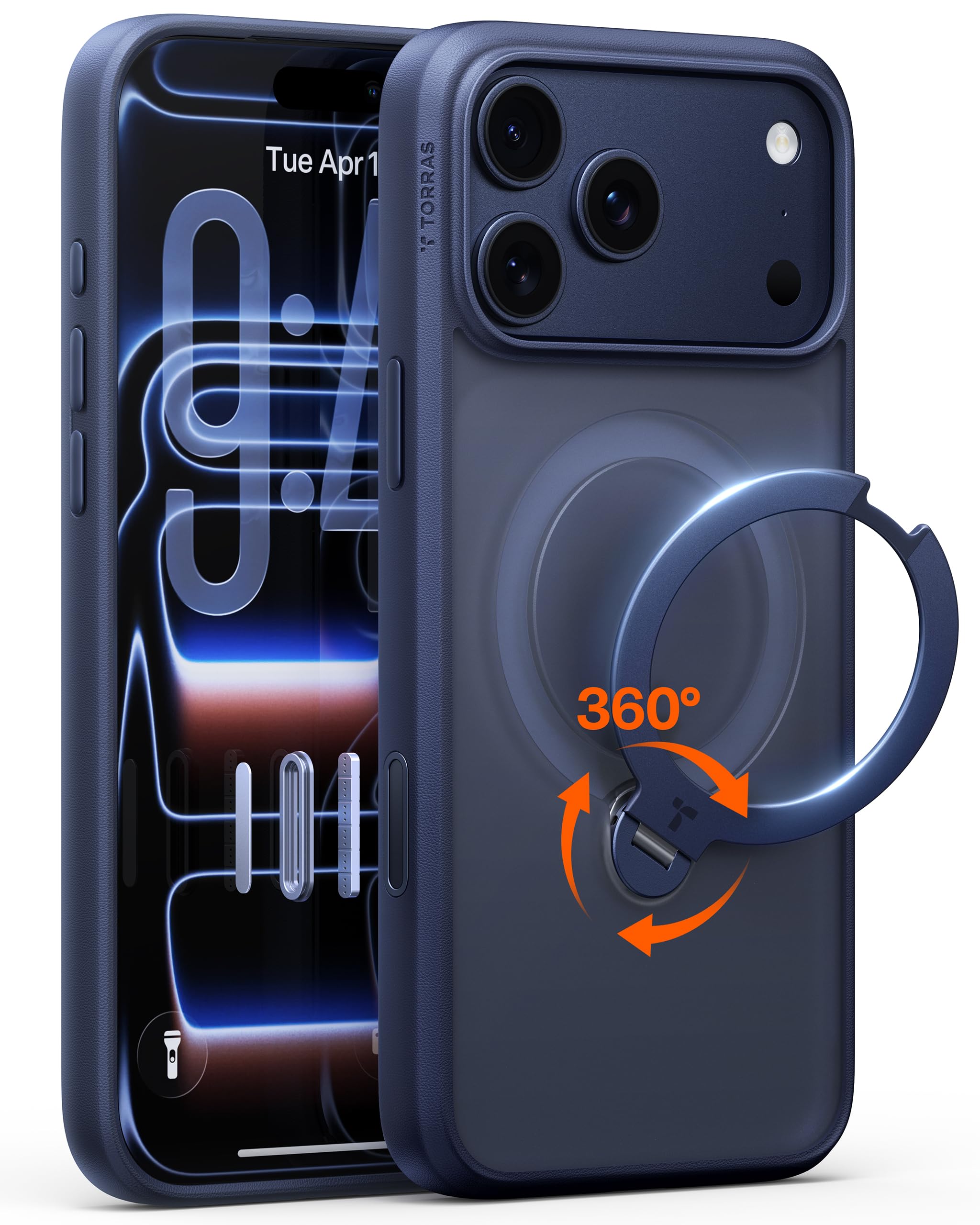 Photo 1 of TORRAS Ostand Q3 Spin for iPhone 17 Pro Case with 360 Magnetic Stand, Fit for MagSafe, Camera Control, Built-in Kickstand, 4X Military-Grade Shockproof Slim Phone Case for iPhone 17 Pro, Deep Blue