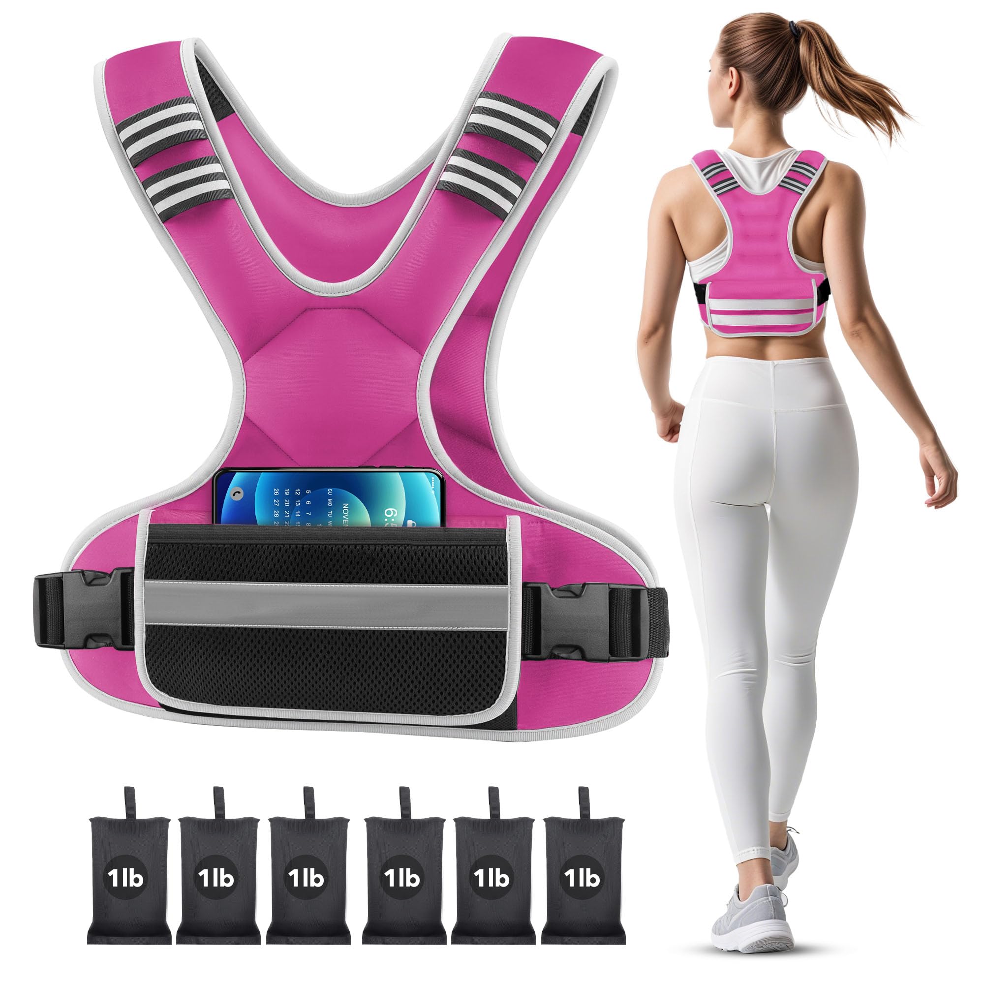 Photo 1 of Adjustable Weighted Vest Woman 4-10lb/12-18lb/20-32lb Weighted Vest Men with 6 Ironsand Weights, Shoulder Pads and Large Pocket for Walking Running Crossfit Strength Training, 12-18lb, pink