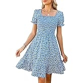 Lyrur Women's Short Sleeve Summer Dresses 2026 Spring Casual Square Neck Easter Dress A-Line Tiered Sundress with Pockets