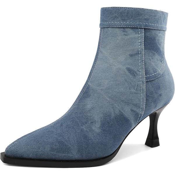 Amazon.com | XYD Women Chic Low Kitten Heels Ankle Boots  XYD Blue Denim Pointed Toe Side Zipper Ankle Booties Kitten Low Heels Shoes main image 1