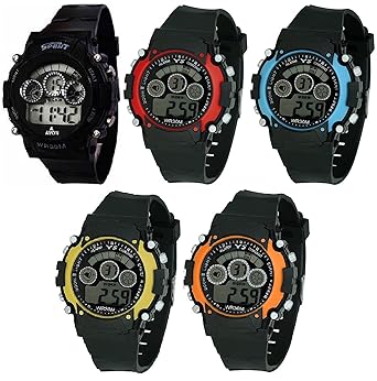 Swadesi Stuff Combo Of 5 Digital Black Red Orange Yellow Blue Dial Watch for Boys and Girls