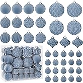 FLAGLY 46PCS Velvet Christmas Ball Ornaments Set, Flocked Shatterproof Xmas Tree Decor, Assorted Hanging Ornaments with Loop for Holiday Home Decor, Christmas Tree Decoration (Gray Blue)