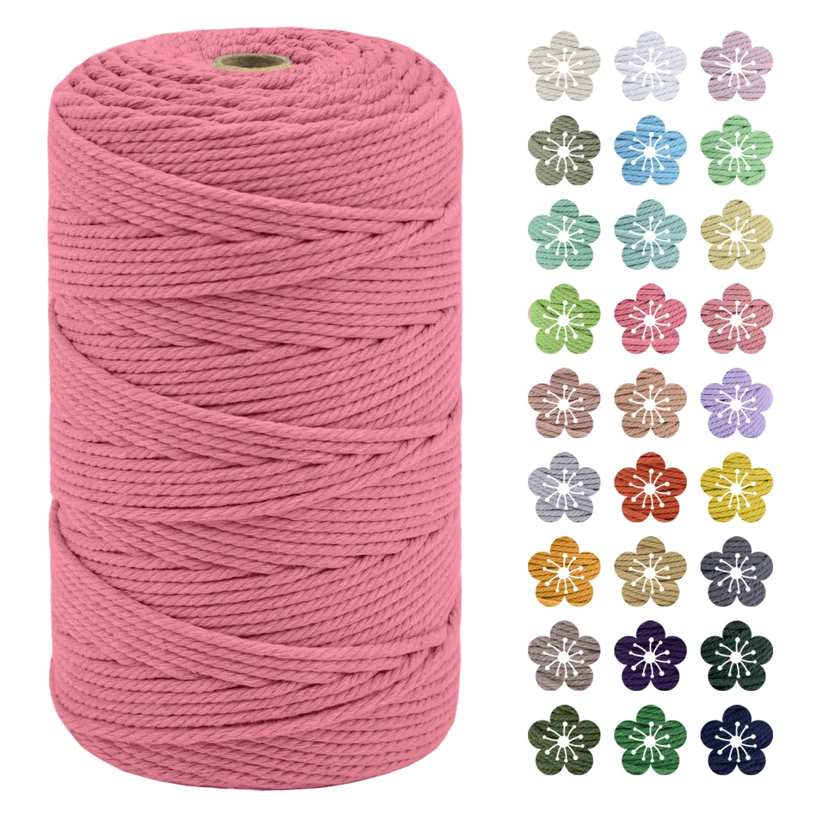 LEREATI Macrame Cord 3mm x 200m, Thick Macrame Rope Natural Cotton Rope Craft String, 4 Strand Twisted Cotton Cord Yarn for DIY Plant Hanger, Wall Hanging, Christmas Decoration (Watermelon pink)