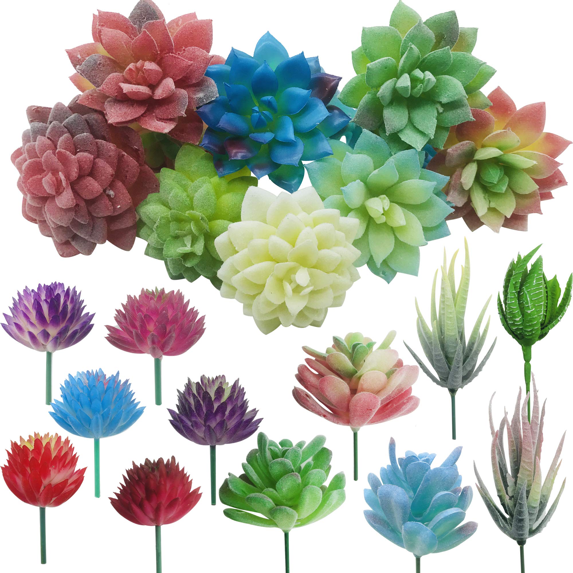Cayway 20 PCS Artificial Succulent Plants Assorted Multicolor Faux Fake Succulents, Cactus Aloe Succulent Assortment in Flocked in Different Type for Birthday Home Decor Indoor Garden DIY
