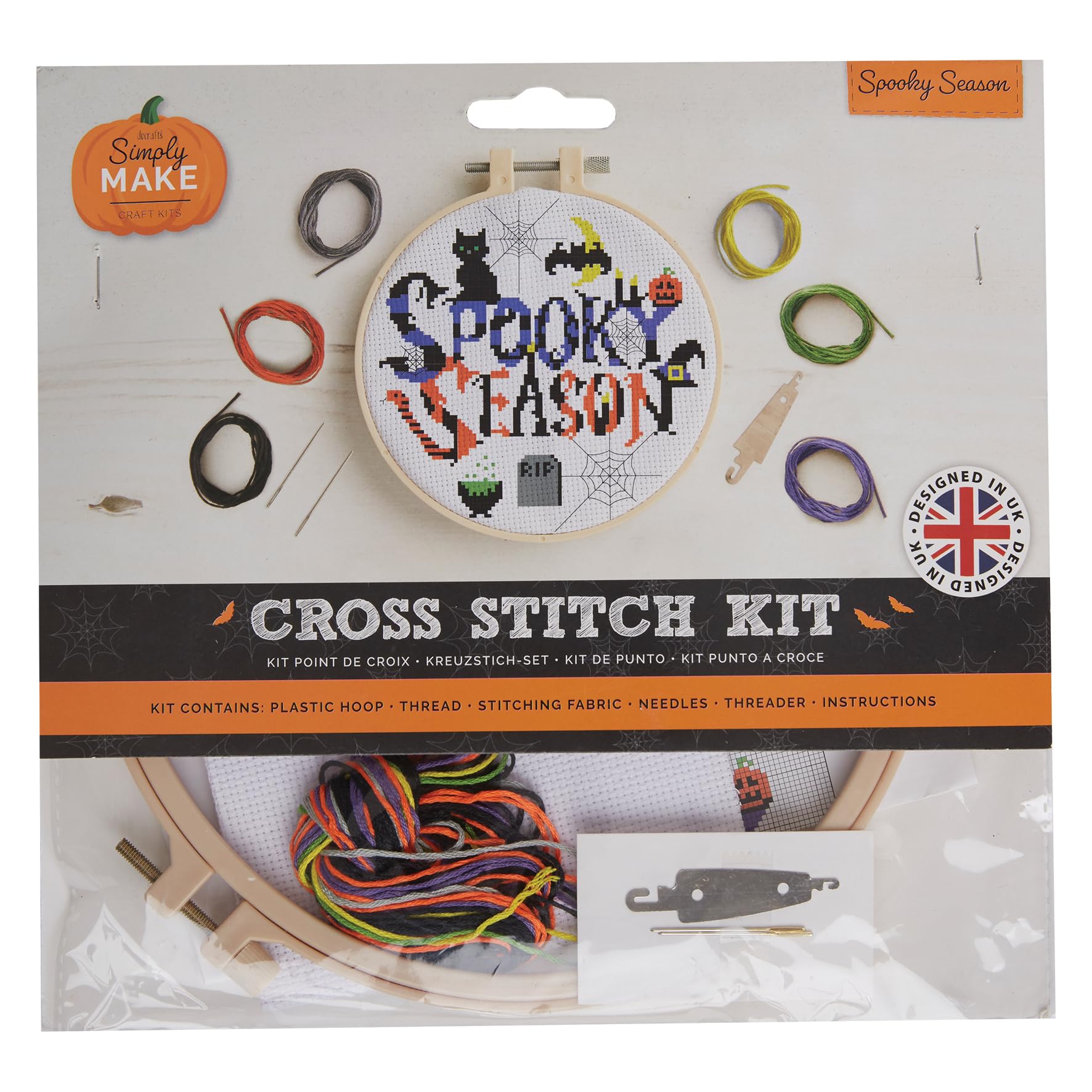 Simply Make Cross Stitch Kit - Spooky Season Design for Kids and Adults, Including Hoop, Embroidery Thread, Fabric and Needle - Perfect for Adult Crafts and Beginners - Starter Cross Stitch Craft Kit
