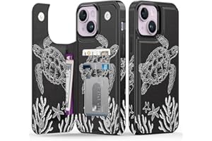 Goodon for iPhone 14 Case Wallet - Flip Folio Leather Cover with Trendy Floral Design, 3 Card Slots & Kickstand Function, Stylish Protective Phone Case for Women and Girls - Cute Sea Turtle