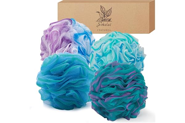 Shower Loofahs Puffs Luffa Sponges for Body Wash, Bath Sponge Mesh Poufs 4 Pack for Men Women, Exfoliating Body Scrubbers, Ba