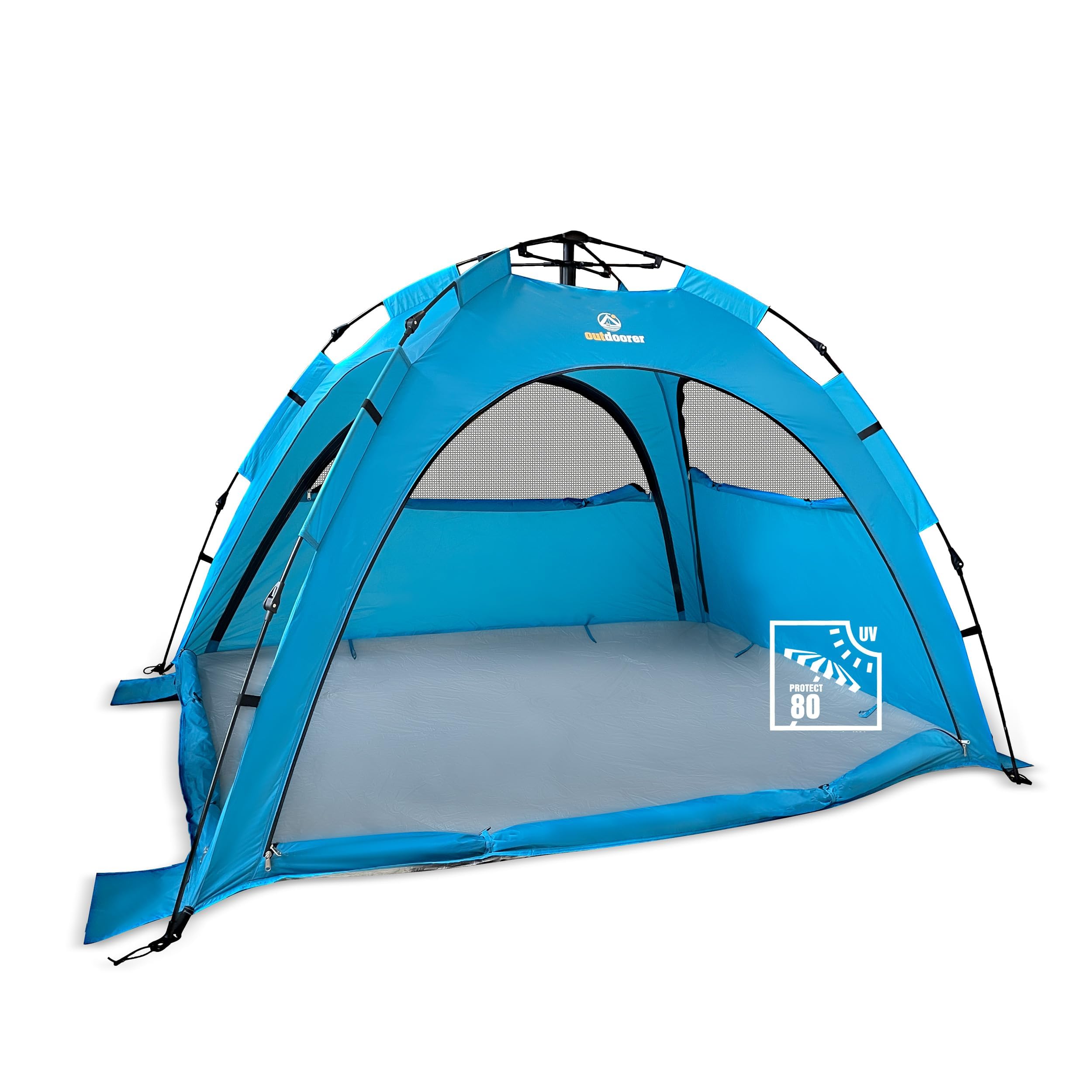 outdoorer Sun Snapper Air - UV 80 Quick-up-Strandmuschel mit 4 Türen und 3 Fenster, Schnellaufbau BZW. Automatik-Strandzelt, verschließbar, mit UV-Schutz 80, Sichtschutz und Insektenschutz