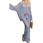 Famulily Womens 2 Piece Crochet Outfits Sexy Hollow Out Cover Up Sets Long Sleeve Tops and Drawstring Long Pants Matching Set