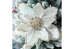 Thiccywoov 8 Pcs Large Christmas Flower Magnolia Flowers Christmas Tree Decoration Artificial Poinsettia Stems Velvet Xmas Ornaments for Xmas Tree Table Decor(White,12 Inch)