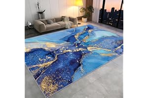 Rugs 3x4 Blue Marble Area Rug, Modern Luxury Striped Rug, Abstract Marble Rugs for Living Room Low-Pile Non-Slip Carpet for B
