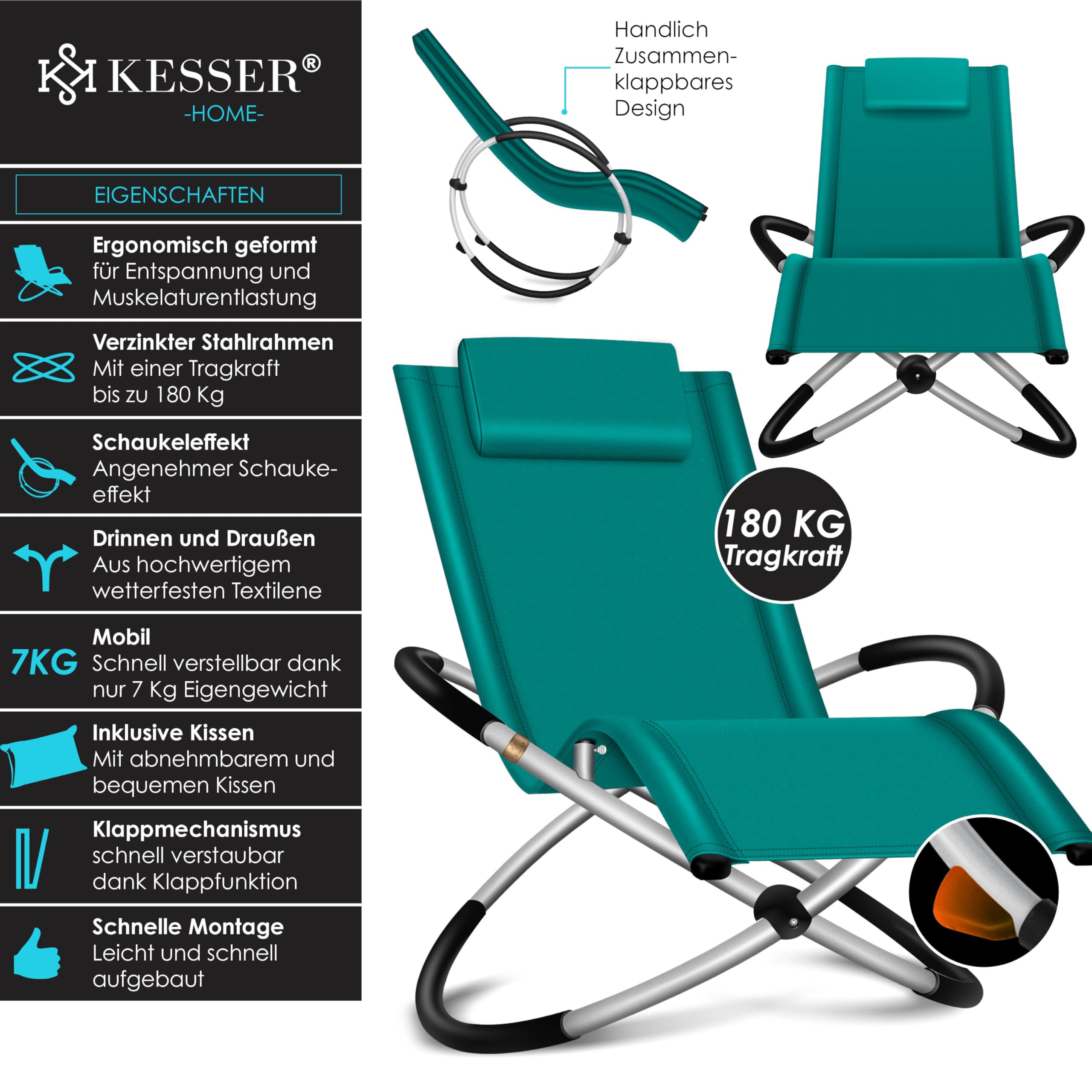 KESSER® Relaxliege Liegestuhl | Gartenliege Sonnenliege | Gartenstuhl | Klappstuhl faltbar | Schwungliege | Schaukelsessel | ergonomische Relaxsessel | wetterfest | 180 kg Belastung, Petrol Grün 2