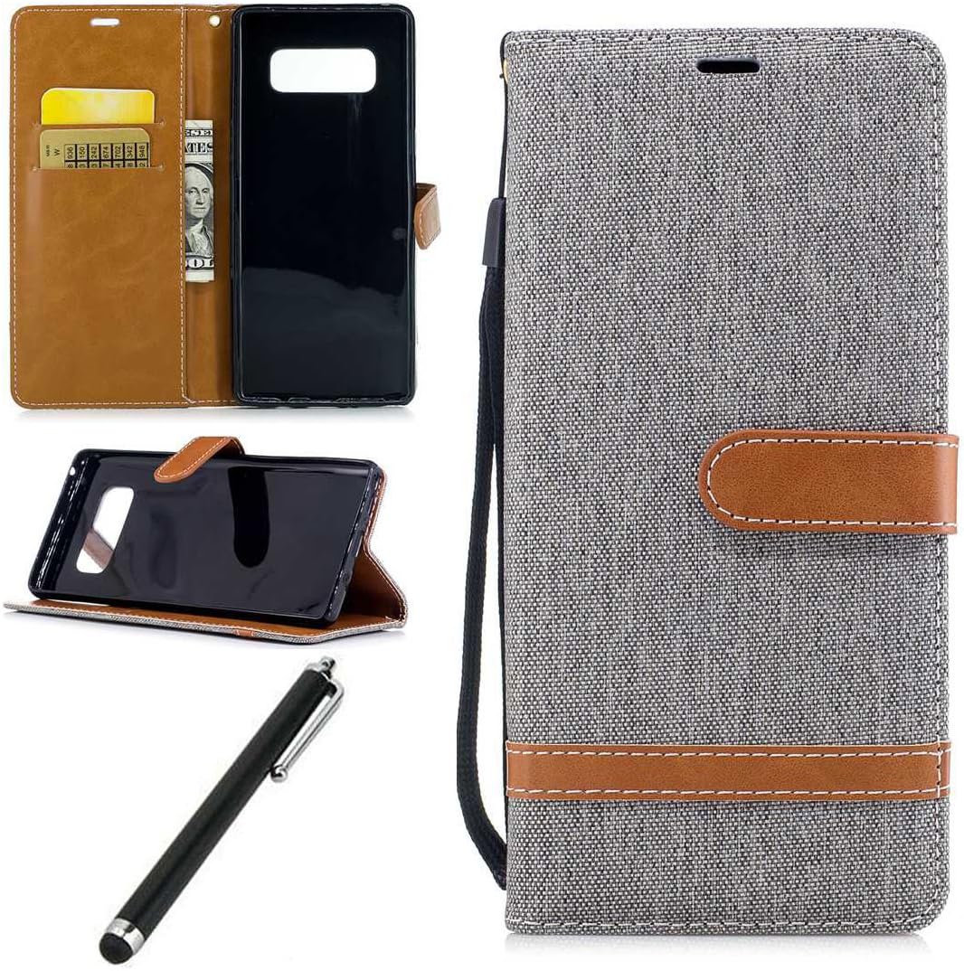 Leather Case for Galaxy Note 8-Beddouuk Denim Pattern PU Leather Flip Wallet Case with [Card Slots][Kickstand],Bookstyle Full Protection Cover Case with Hand Strap for Samsung Galaxy Note 8-Gray