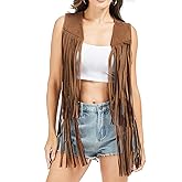 Fahsyee Fringe Vest Women Western Outfits 70s Hippie Cowgirl Sleeveless Top Faux Suede Tassel S-XXL
