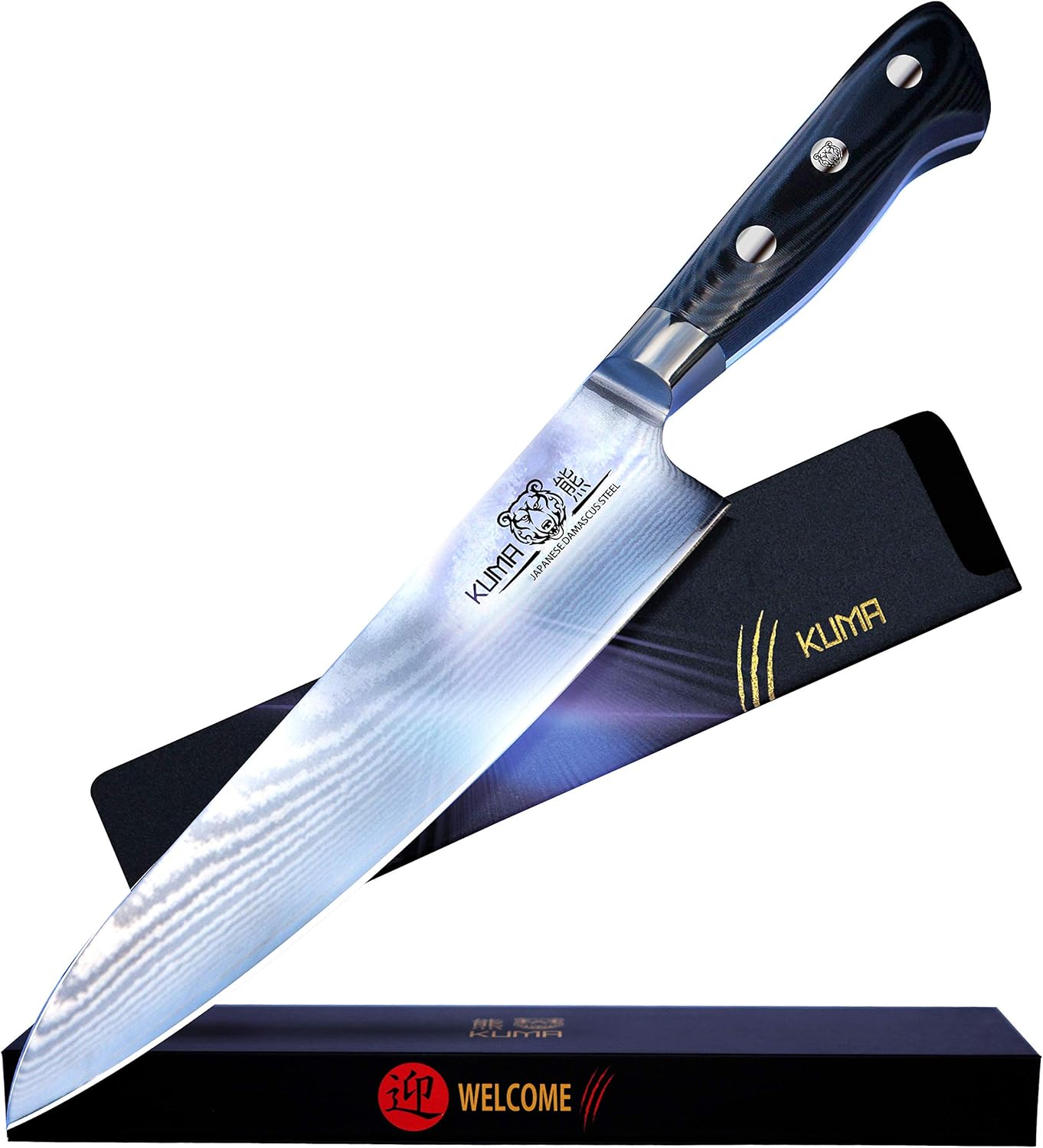 KUMA profesional Damasco cuchillo de chef â€“ 8 pulgadas cuchillo de chef con acero al carbono japonÃ©s endurecido â€“ hoja resistente a las manchas y a la corrosiÃ³n â€“ mango y funda ergonÃ³micas equilibradas â€“ cuchillo de chef de sushi â€“ seguro y fÃ¡cil