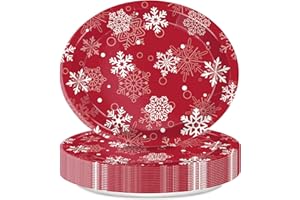 LINHAXM 50PCS Christmas Paper Plates, 11" x 9" Large Oval Disposable Snowflake Plates for Holiday Wedding Birthday Christmas Party Decorations, Serves 50